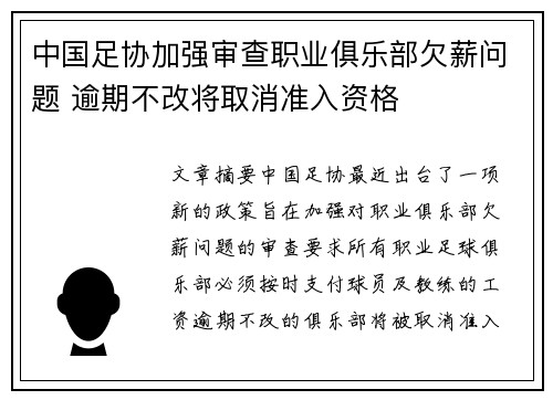 中国足协加强审查职业俱乐部欠薪问题 逾期不改将取消准入资格